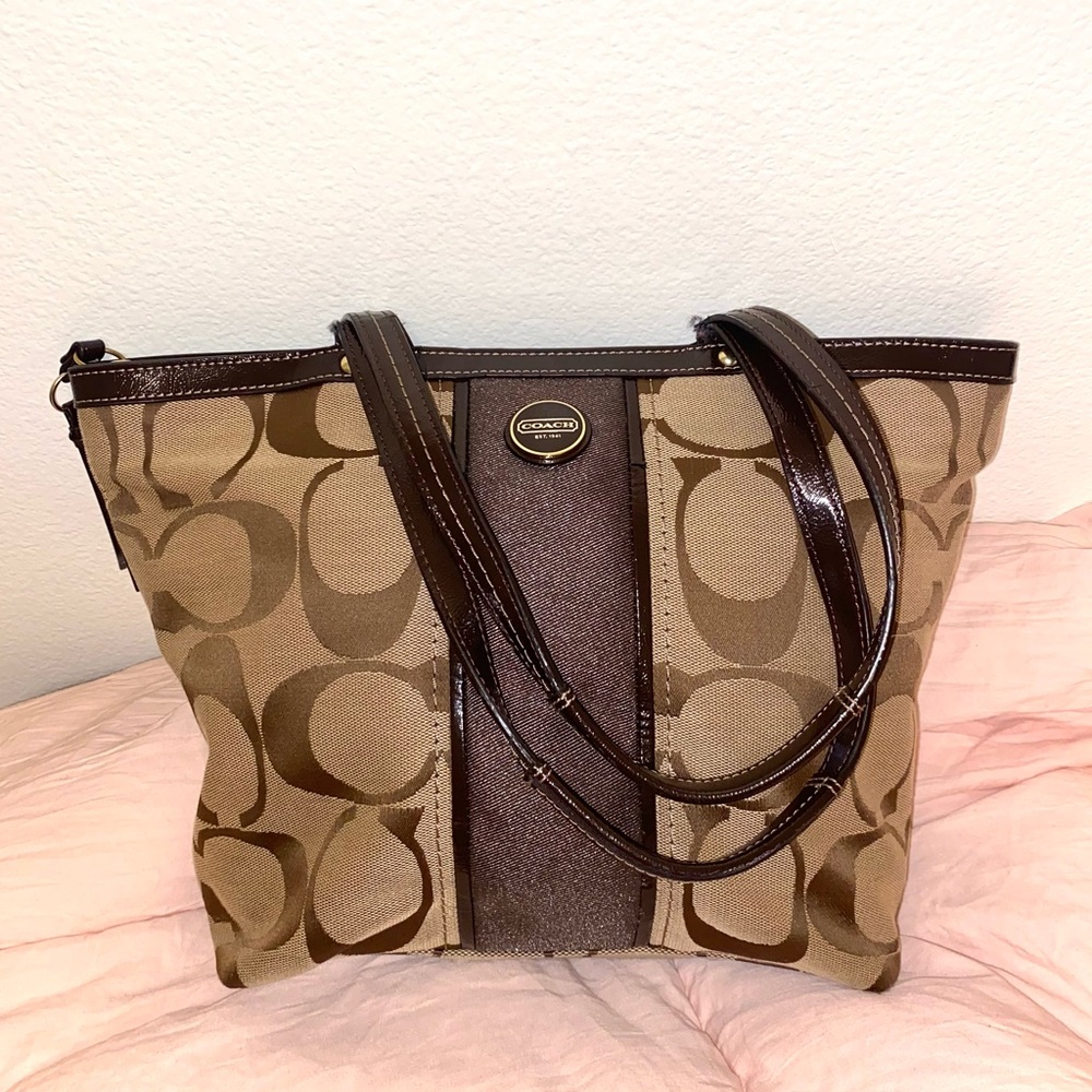 Coach Signature Print Stripe Tote Purse